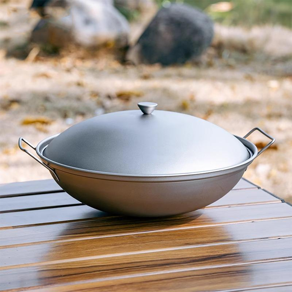 Camping Cooking Pot Set - Titanium Wok Pan with Lid Double