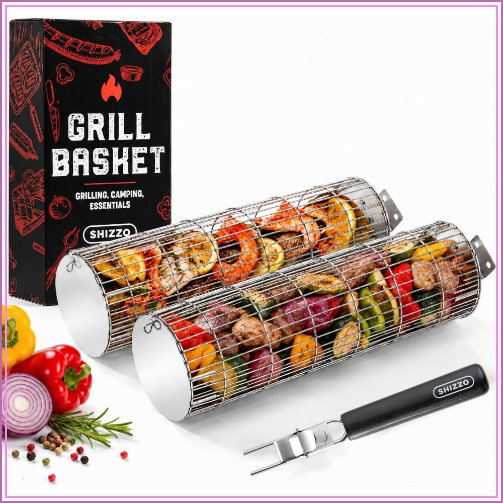 Camping Cooking Vegetables - Extra Sturdy Cylinder Grilling Basket, Stainless